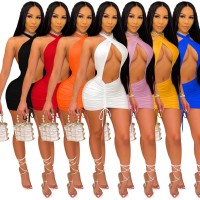 Women Party Dress Elegant Backless Bodycon Slim Solid Mini Dress Evening Club Outfits Drawstring Ruched Dresses